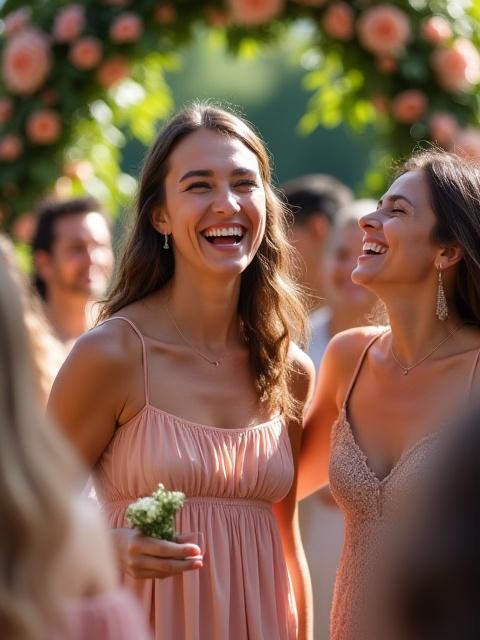 Glückliche Hochzeitsgäste in einer blühenden Kulisse