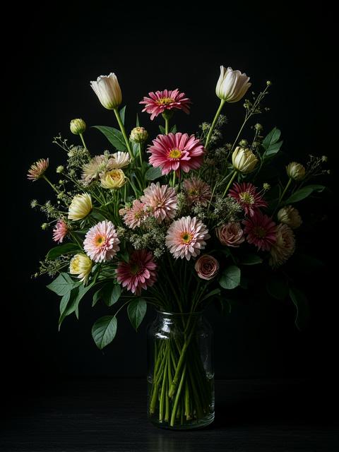 Dramatisch inszenierte florale Komposition vor dunklem Hintergrund