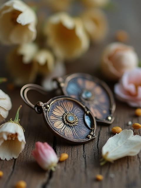 Detailaufnahme von handgefertigtem Schmuck mit getrockneten Blumen