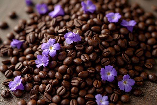 Kaffeebohnen und florale Elemente