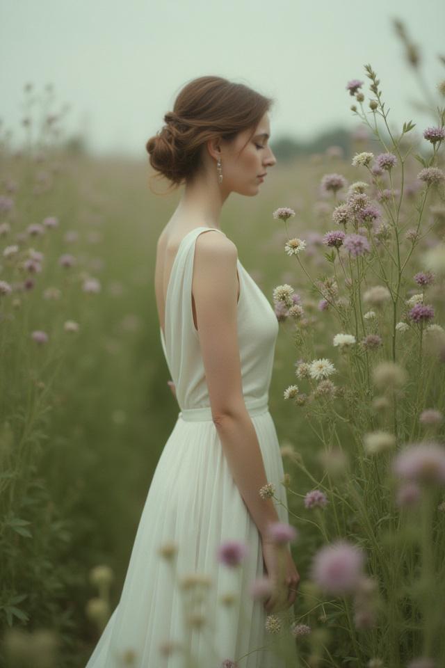 Vintage Braut Porträt in Blumenfeld